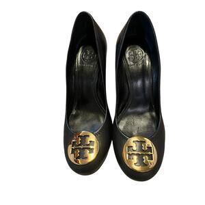 Tory Burch Black Leather Wedge Pumps with Gold Logo Medallions